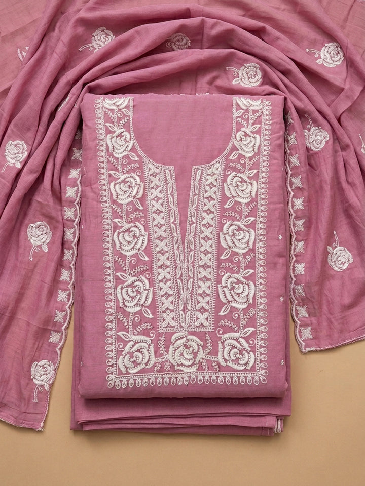 Pink Embroidery Chanderi Unstitched Dress Material