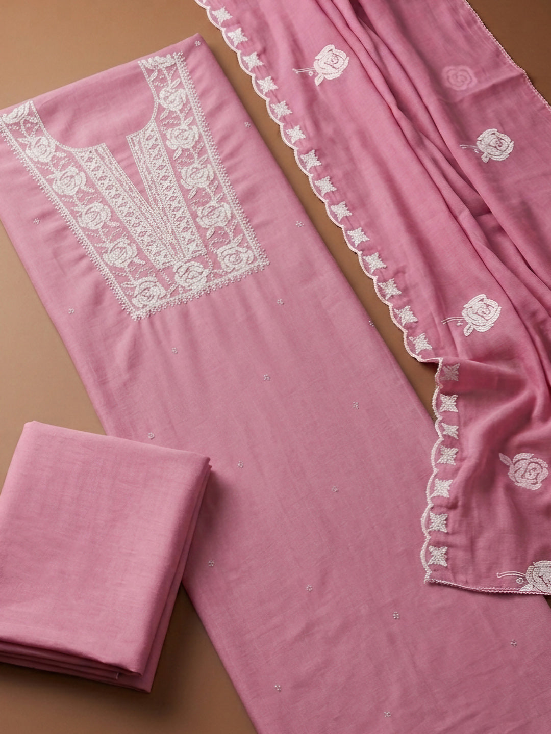 Pink Embroidery Chanderi Unstitched Dress Material