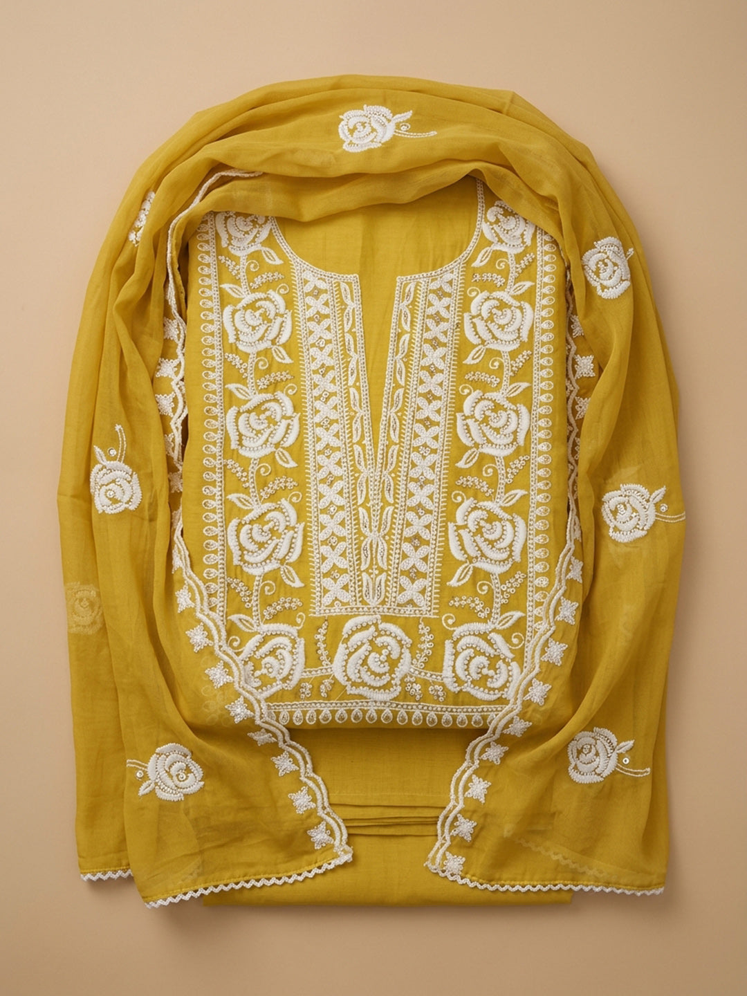 Yellow Embroidery Chanderi Unstitched Dress Material