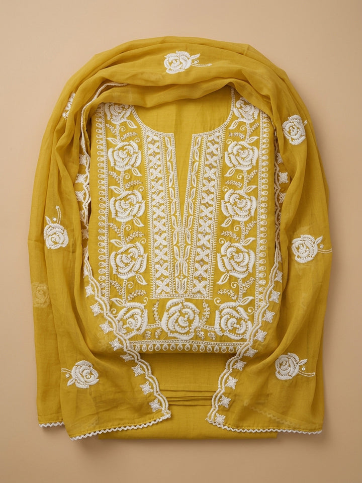 Yellow Embroidery Chanderi Unstitched Dress Material