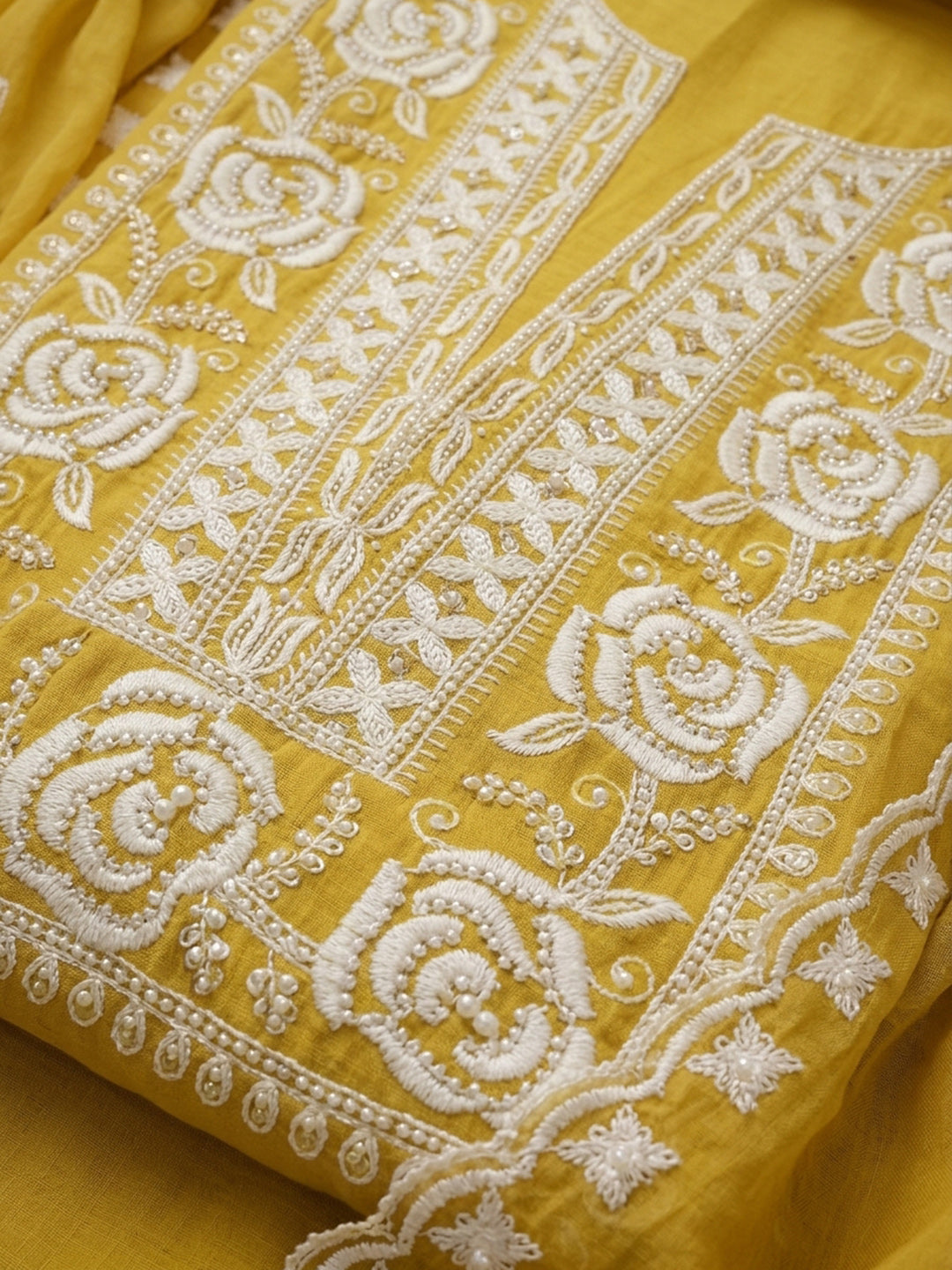 Yellow Embroidery Chanderi Unstitched Dress Material