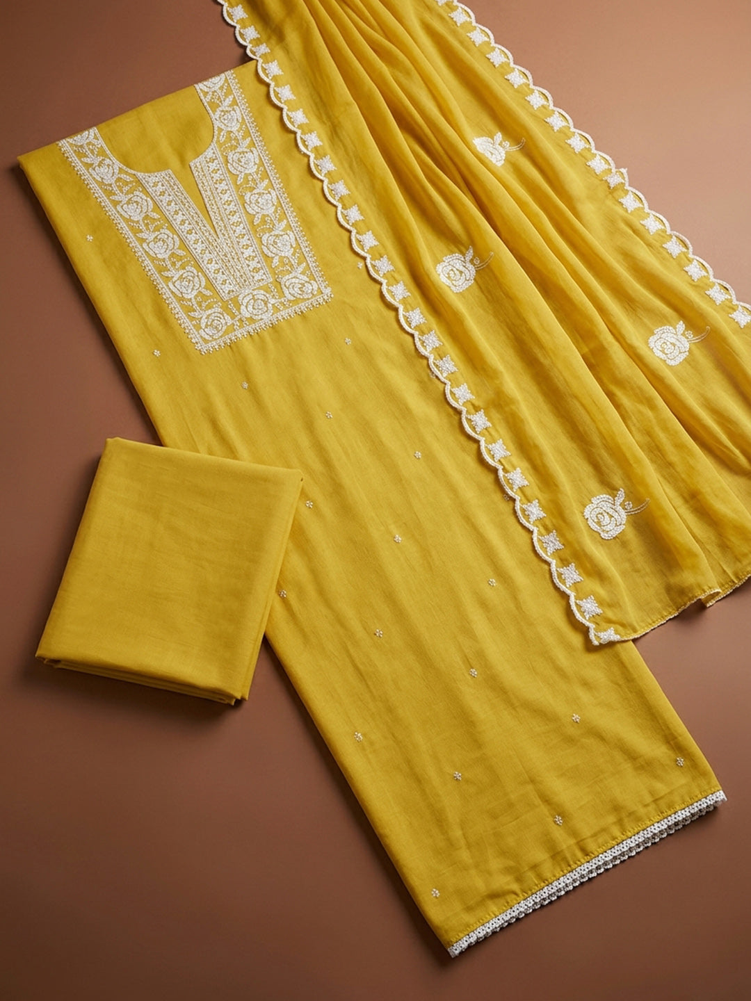 Yellow Embroidery Chanderi Unstitched Dress Material