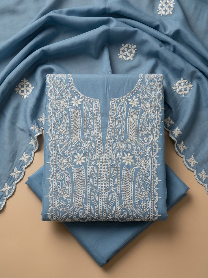 Blue Embroidery Chanderi Unstitched Dress Material