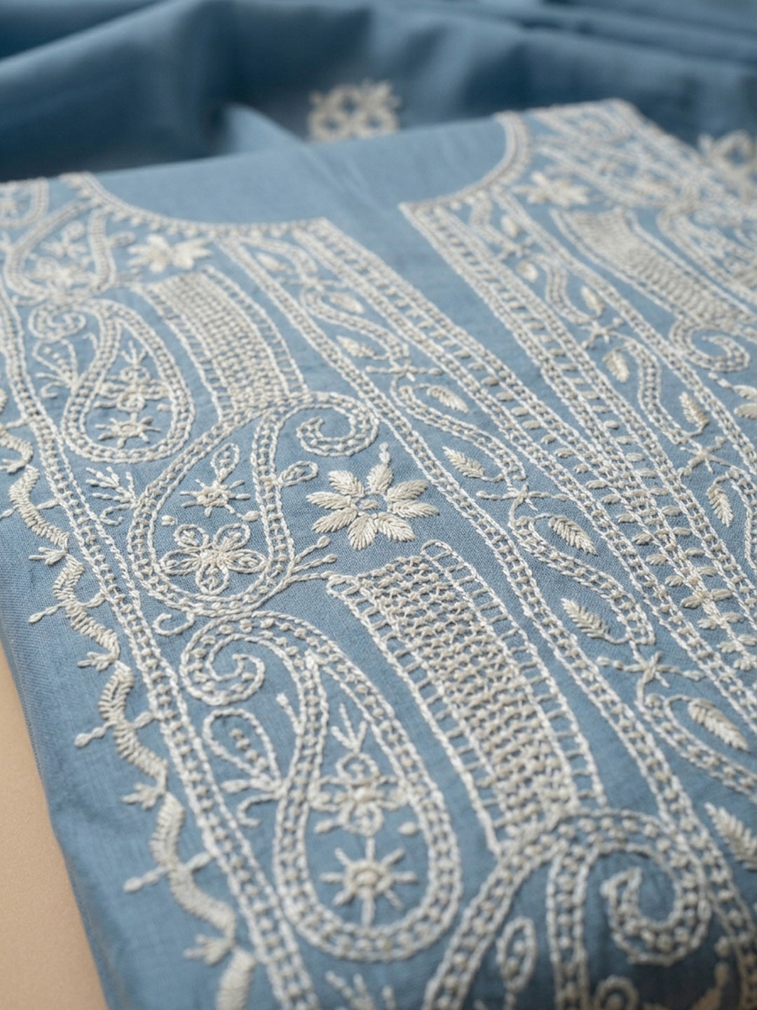 Blue Embroidery Chanderi Unstitched Dress Material