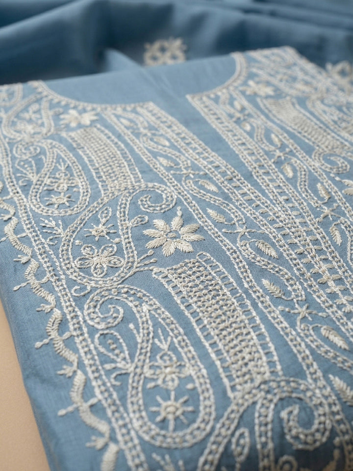 Blue Embroidery Chanderi Unstitched Dress Material