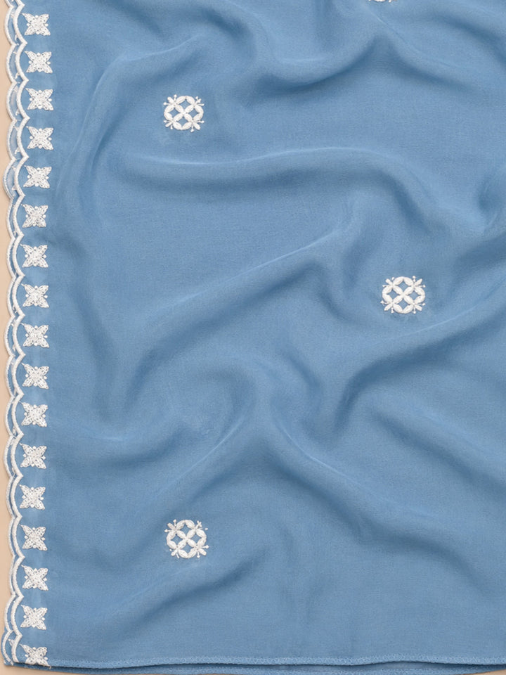 Blue Embroidery Chanderi Unstitched Dress Material
