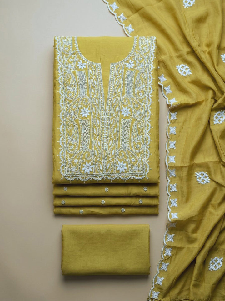 Lemon Embroidery Chanderi Unstitched Dress Material