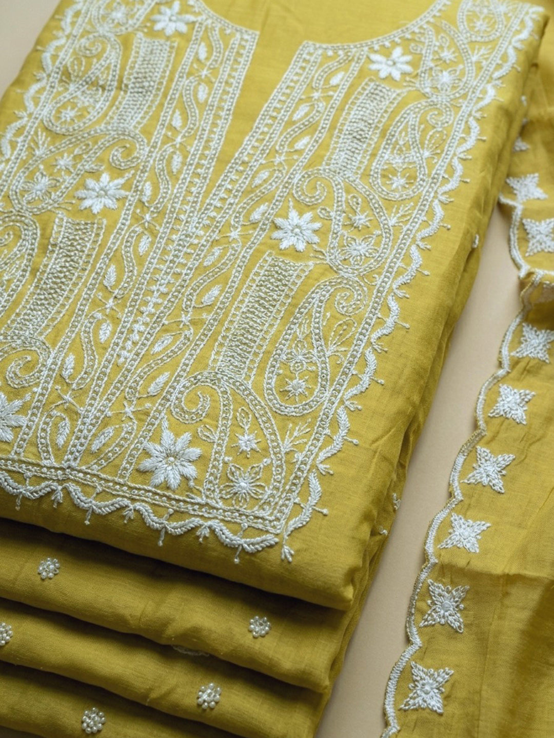 Lemon Embroidery Chanderi Unstitched Dress Material