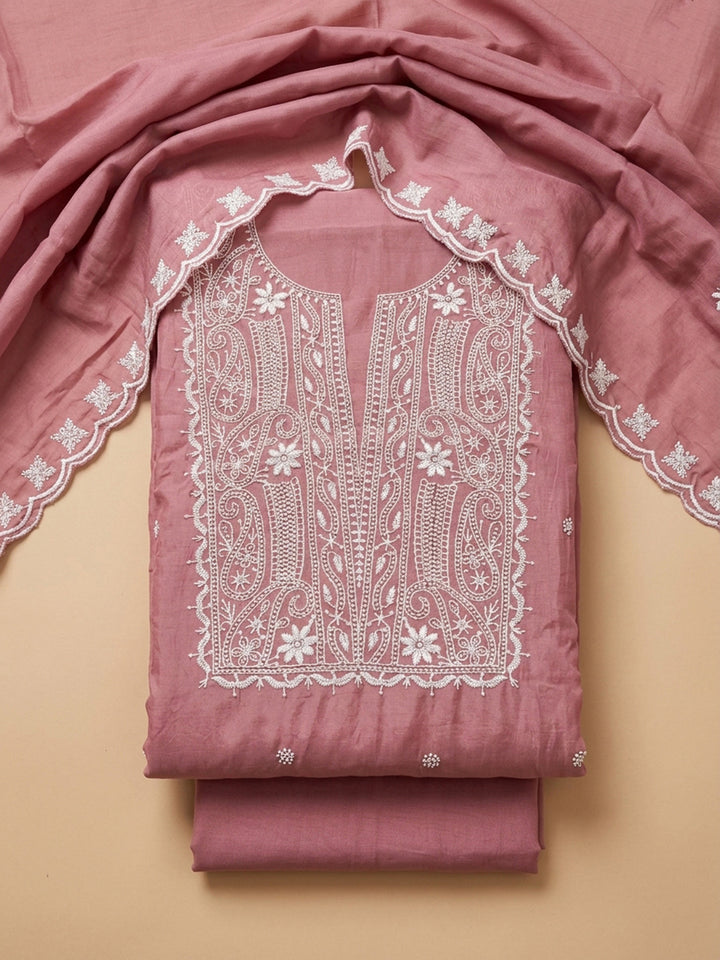 Onion Pink Embroidery Chanderi Unstitched Dress Material