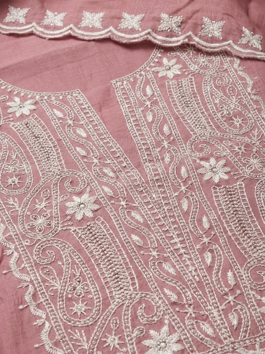 Onion Pink Embroidery Chanderi Unstitched Dress Material