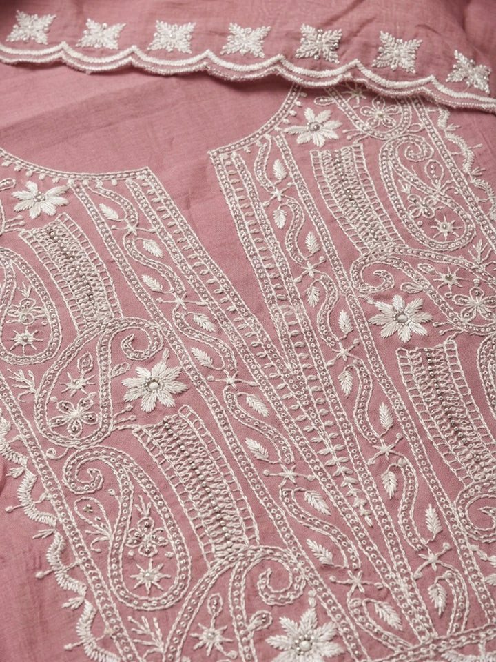 Onion Pink Embroidery Chanderi Unstitched Dress Material
