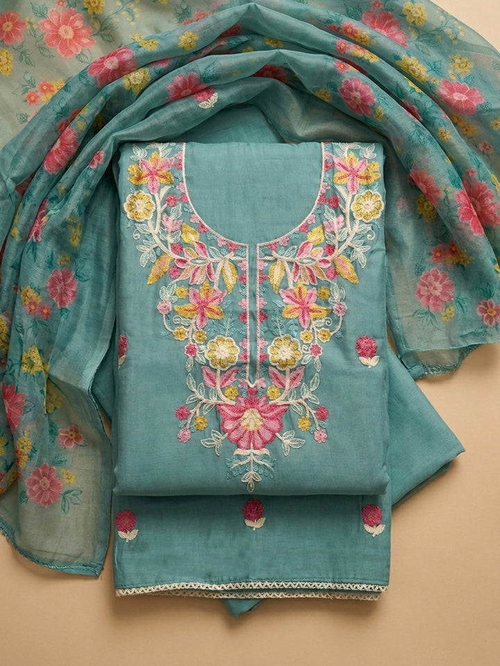 Aqua Green Embroidered Chanderi Unstitched Suit &amp; Pant With Chanderi Dupatta