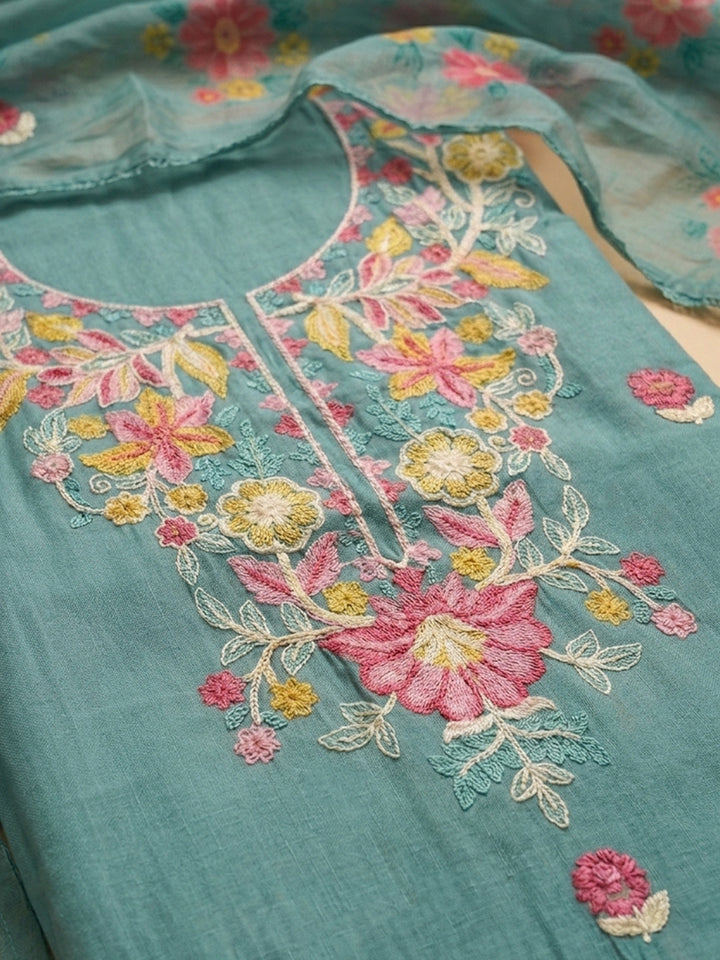 Aqua Green Embroidered Chanderi Unstitched Suit &amp; Pant With Chanderi Dupatta