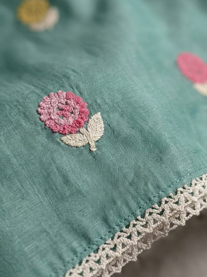 Aqua Green Embroidered Chanderi Unstitched Suit &amp; Pant With Chanderi Dupatta