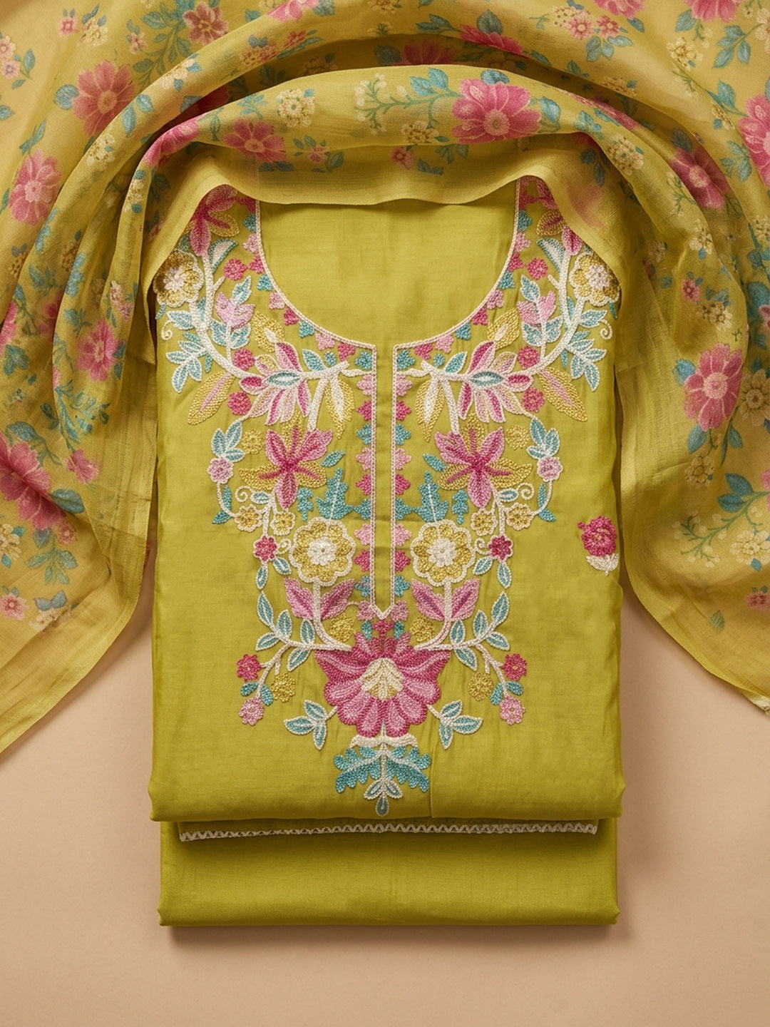 Lemon Embroidered Chanderi Unstitched Suit &amp; Pant With Chanderi Dupatta