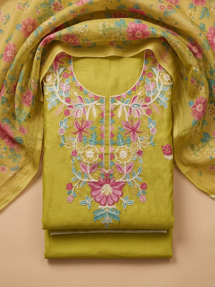 Lemon Embroidered Chanderi Unstitched Suit &amp; Pant With Chanderi Dupatta