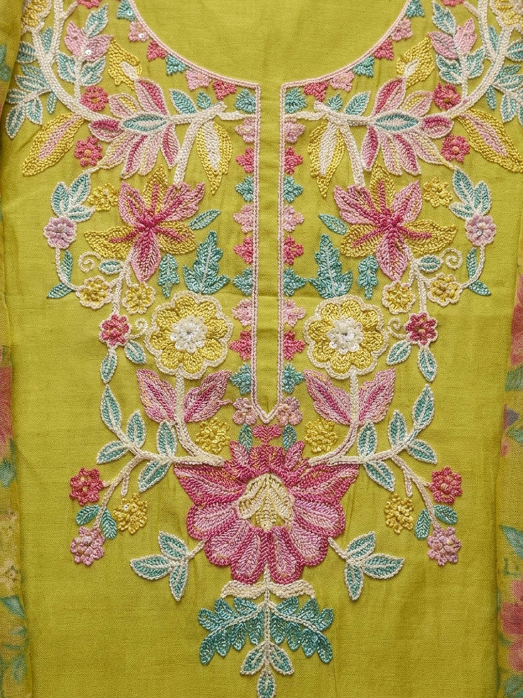 Lemon Embroidered Chanderi Unstitched Suit &amp; Pant With Chanderi Dupatta