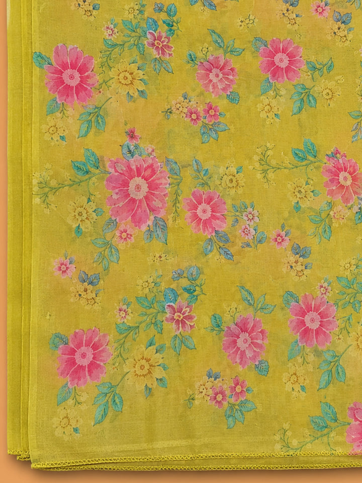 Lemon Embroidered Chanderi Unstitched Suit &amp; Pant With Chanderi Dupatta