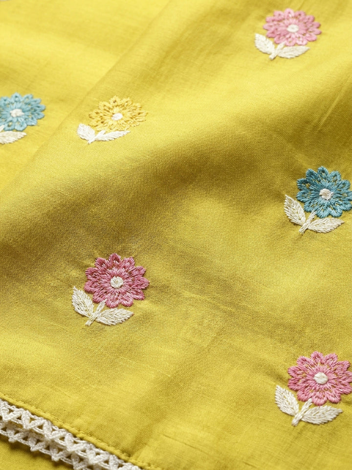 Lemon Embroidered Chanderi Unstitched Suit &amp; Pant With Chanderi Dupatta