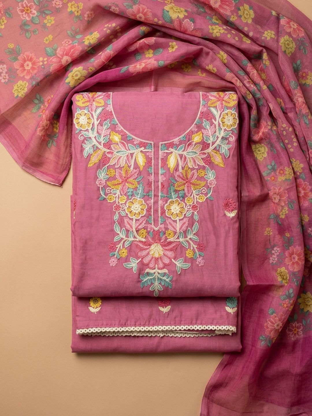 Onion Pink Embroidered Chanderi Unstitched Suit &amp; Pant With Chanderi Dupatta