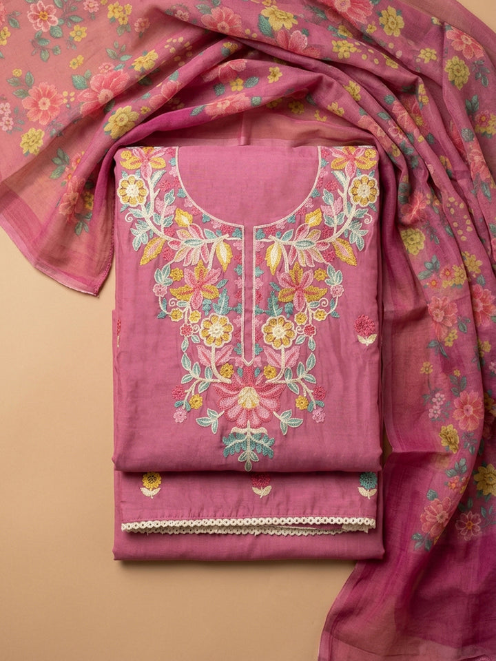 Onion Pink Embroidered Chanderi Unstitched Suit &amp; Pant With Chanderi Dupatta