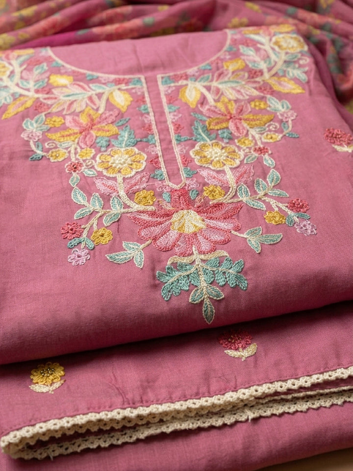 Onion Pink Embroidered Chanderi Unstitched Suit &amp; Pant With Chanderi Dupatta