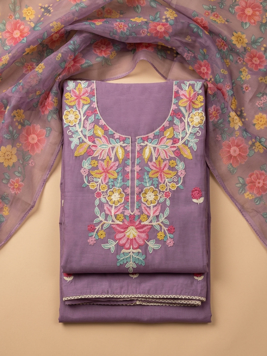 Purple Embroidered Chanderi Unstitched Suit &amp; Pant With Chanderi Dupatta