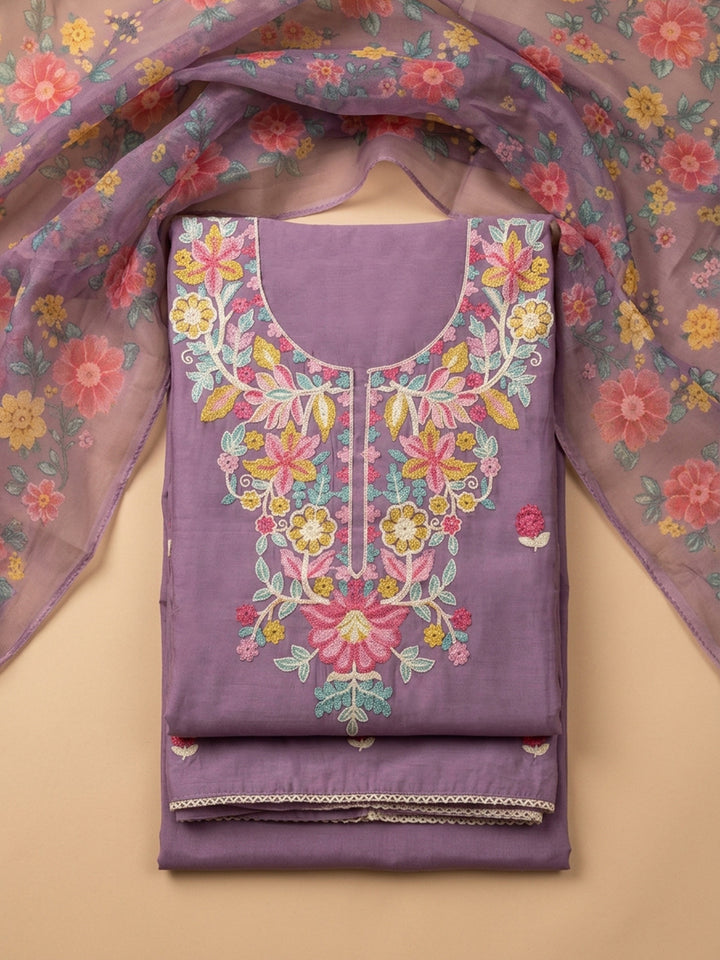 Purple Embroidered Chanderi Unstitched Suit &amp; Pant With Chanderi Dupatta