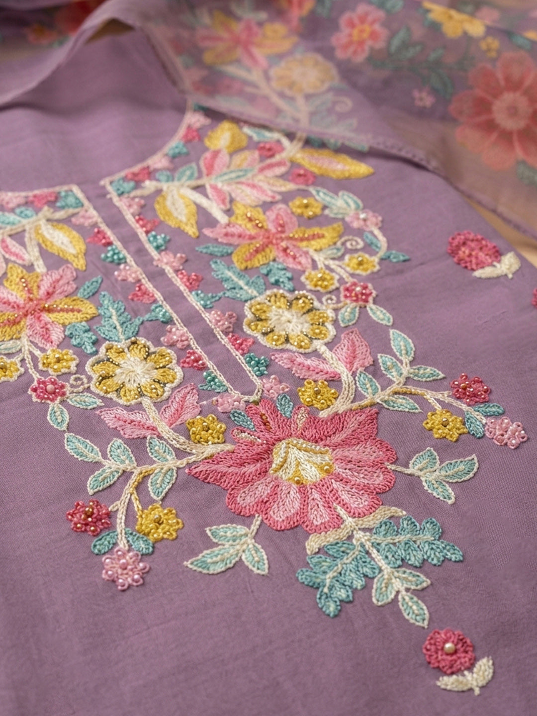 Purple Embroidered Chanderi Unstitched Suit &amp; Pant With Chanderi Dupatta