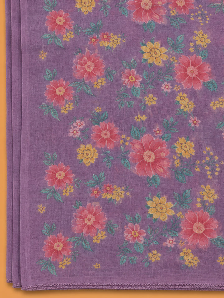 Purple Embroidered Chanderi Unstitched Suit &amp; Pant With Chanderi Dupatta