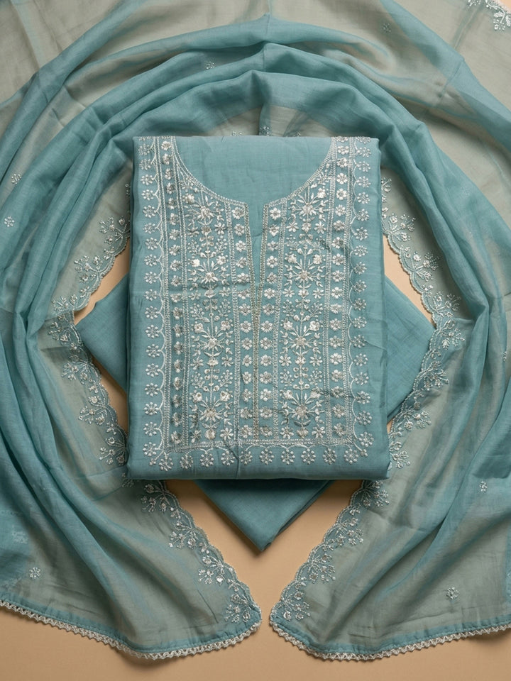 Blue Embroidery Chanderi Unstitched Dress Material