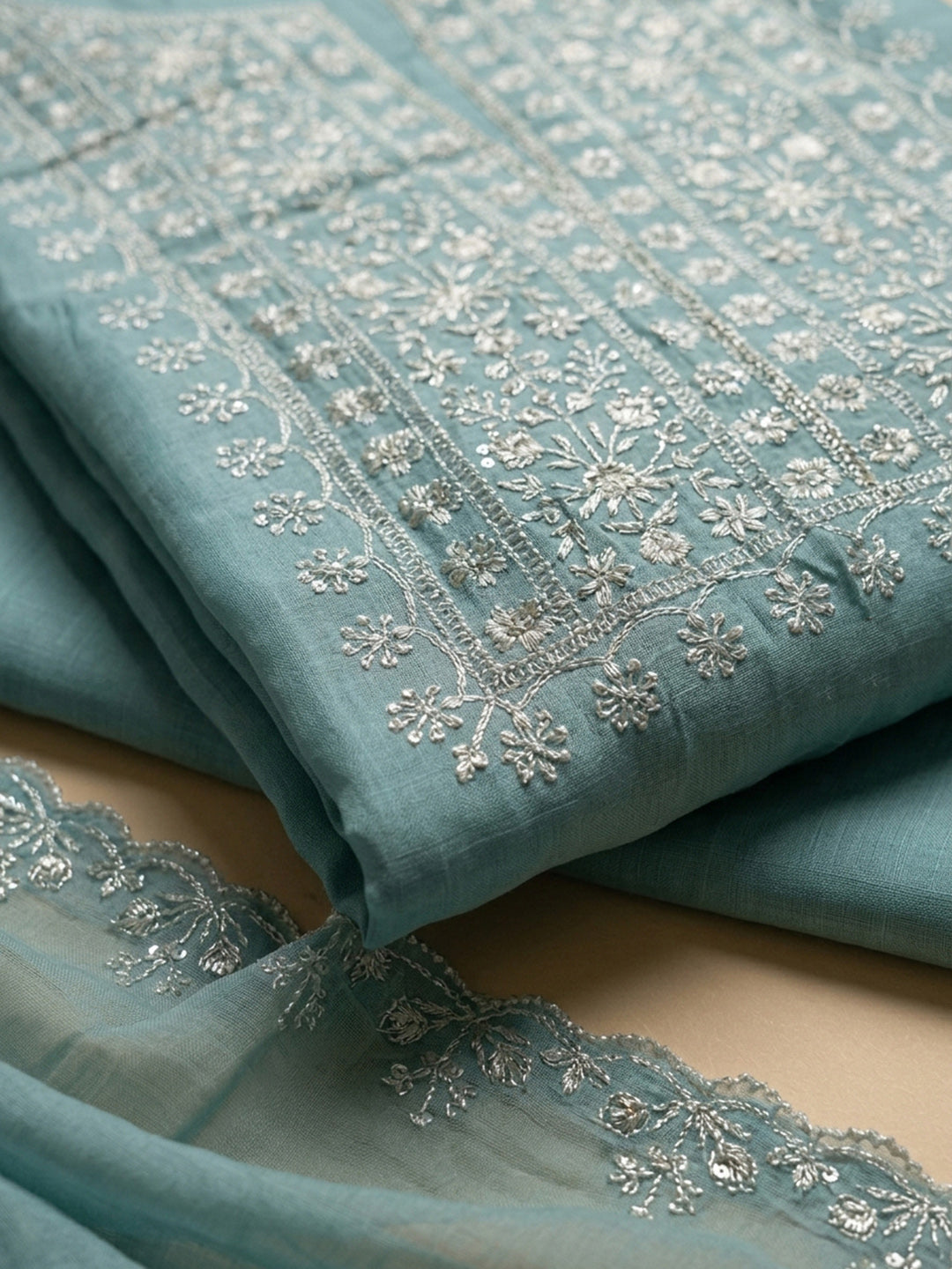 Blue Embroidery Chanderi Unstitched Dress Material