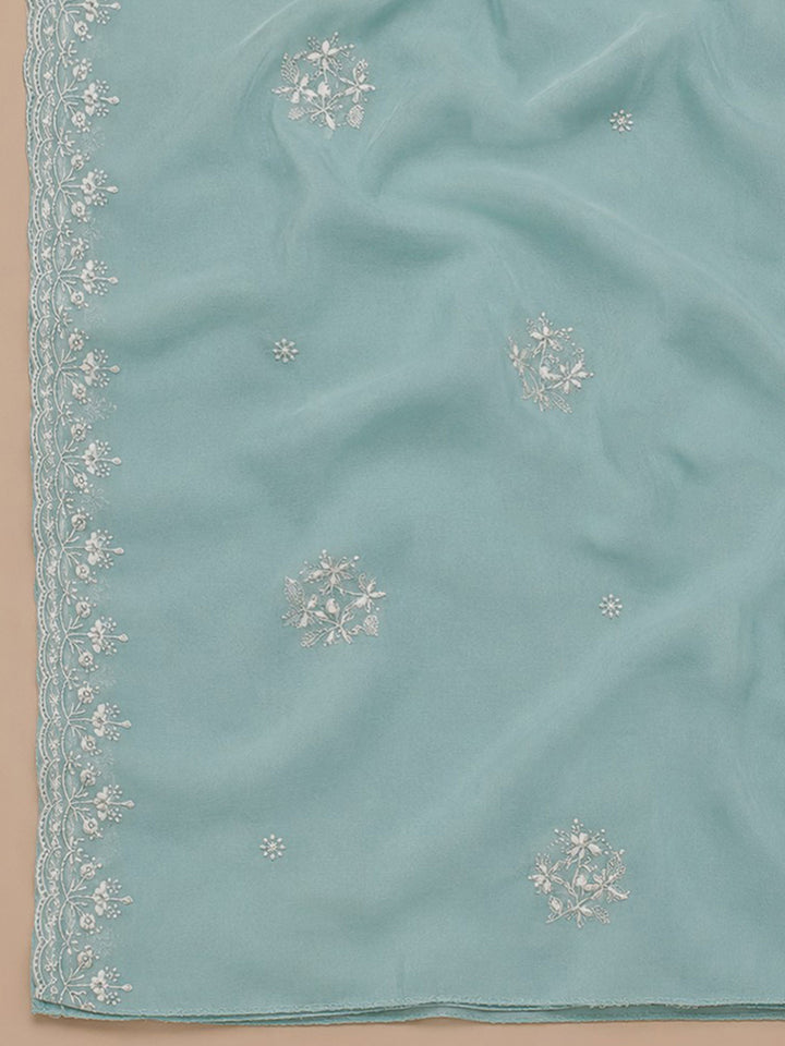 Blue Embroidery Chanderi Unstitched Dress Material