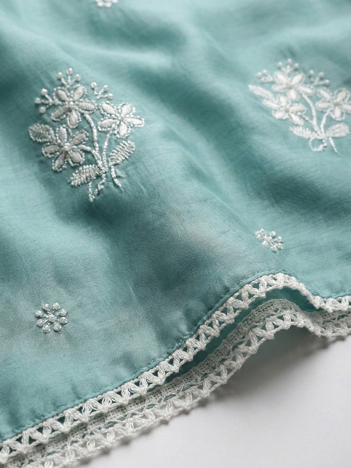Blue Embroidery Chanderi Unstitched Dress Material