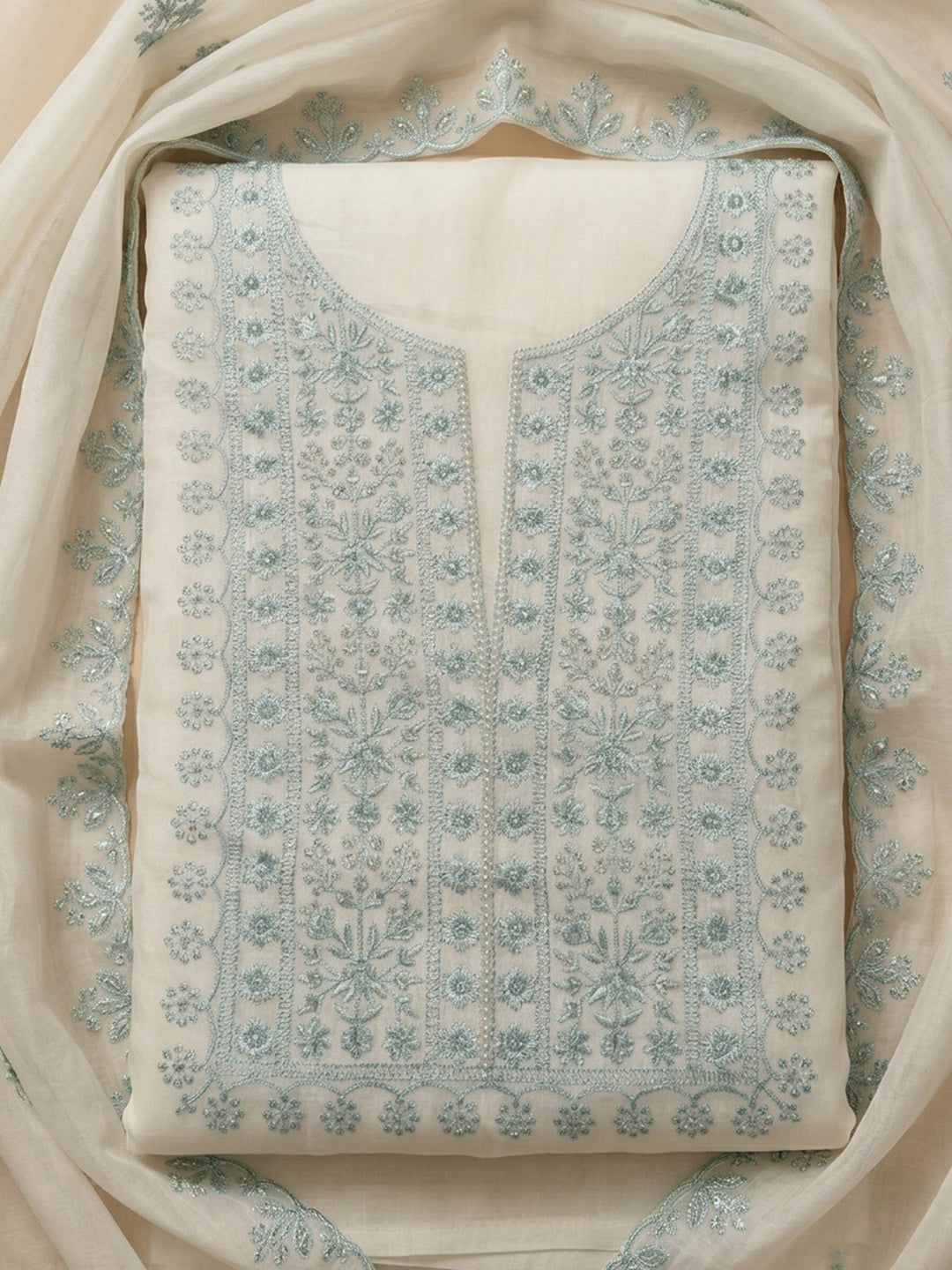 Off White Embroidery Chanderi Unstitched Dress Material