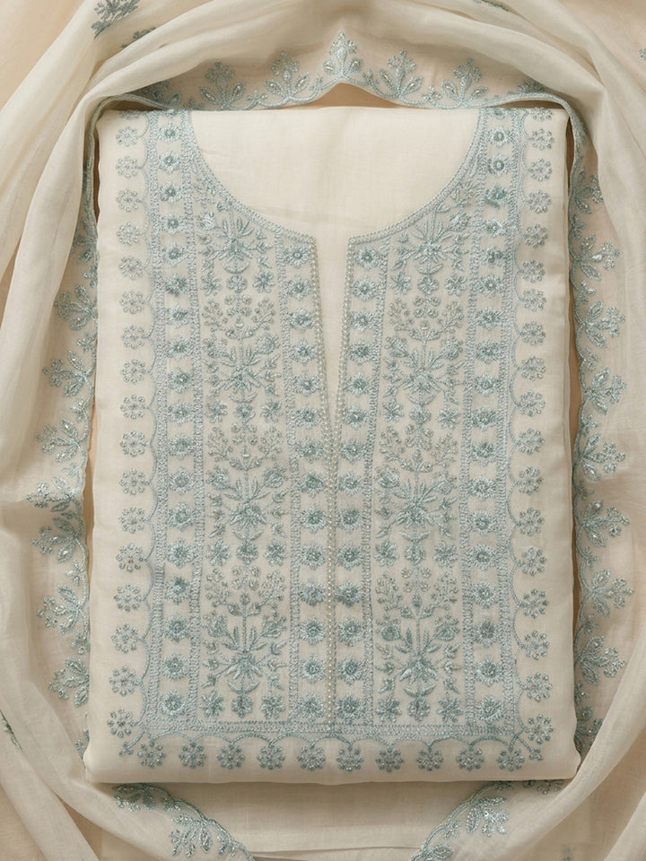 Off White Embroidery Chanderi Unstitched Dress Material