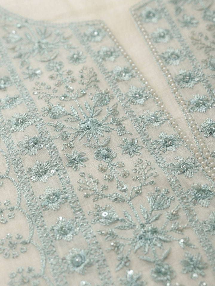 Off White Embroidery Chanderi Unstitched Dress Material