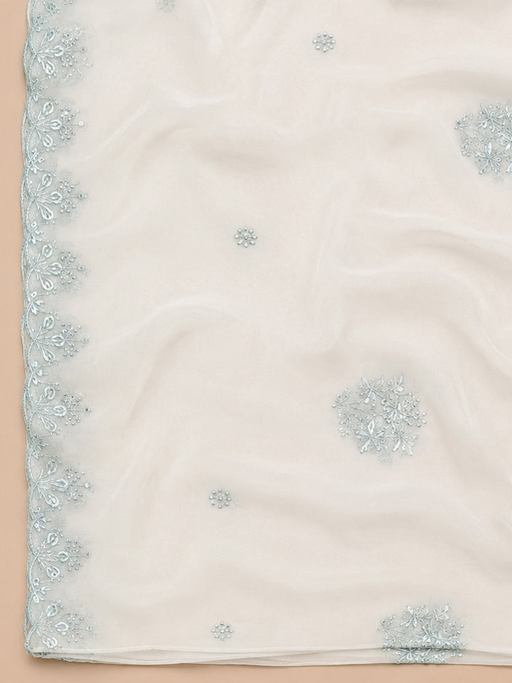 Off White Embroidery Chanderi Unstitched Dress Material