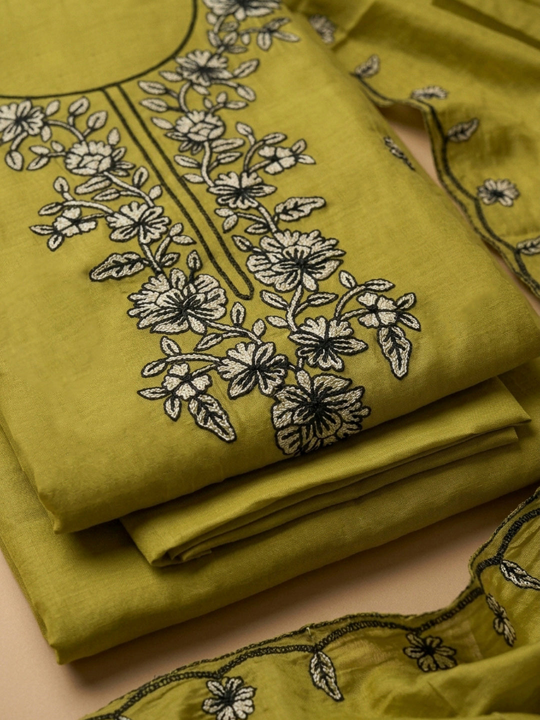 Mehndi Embroidery Chanderi Unstitched Dress Material