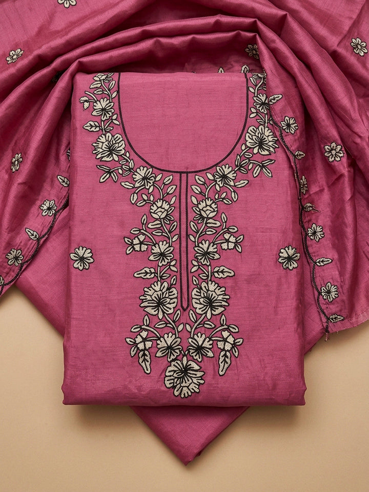 Onion Pink Embroidery Chanderi Unstitched Dress Material