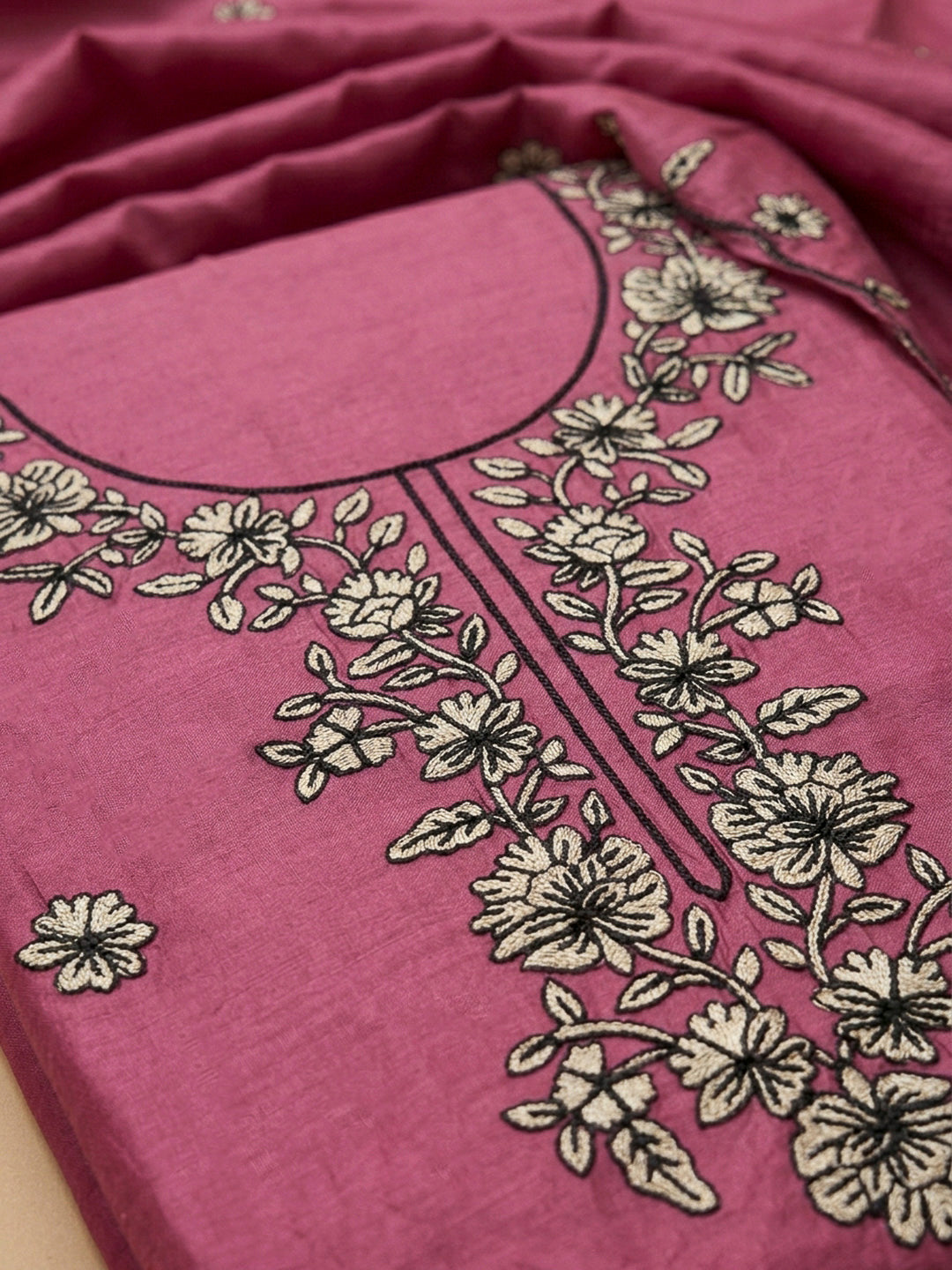 Onion Pink Embroidery Chanderi Unstitched Dress Material