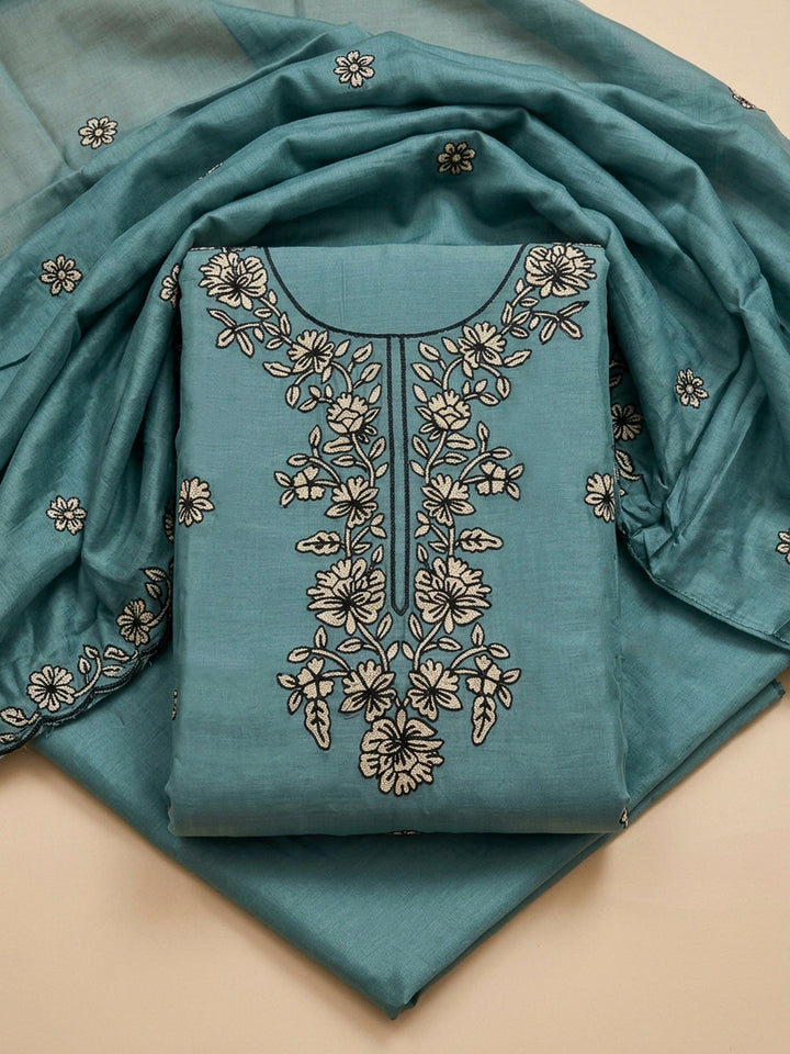Rama Green Embroidery Chanderi Unstitched Dress Material