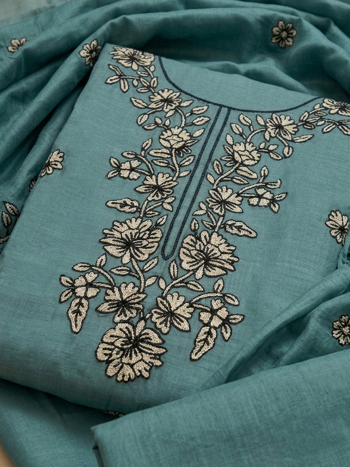 Rama Green Embroidery Chanderi Unstitched Dress Material