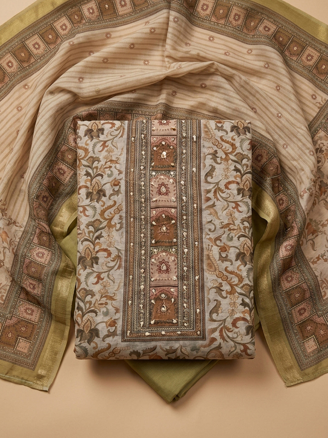 Brown Printed Chanderi Unstitched Dress Material