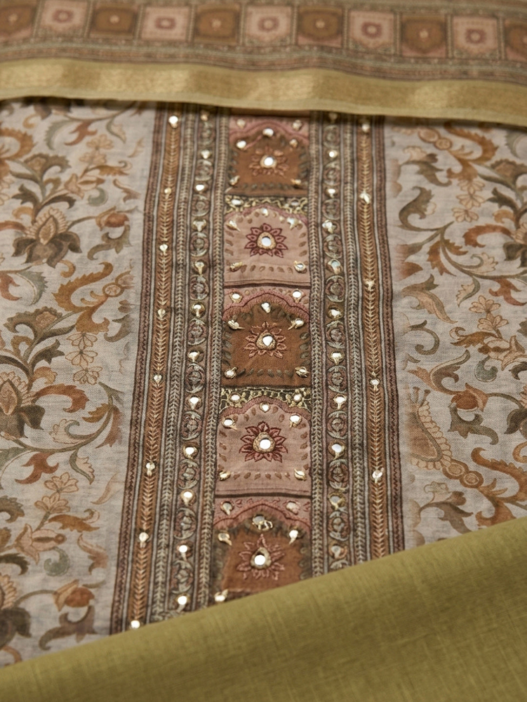 Brown Printed Chanderi Unstitched Dress Material