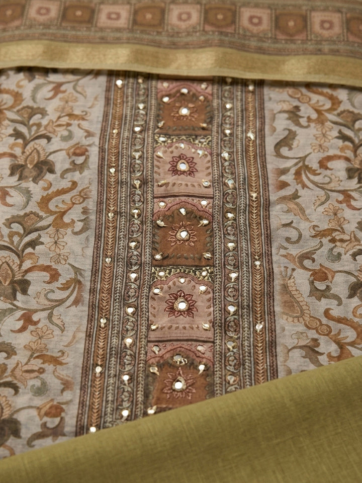 Brown Printed Chanderi Unstitched Dress Material