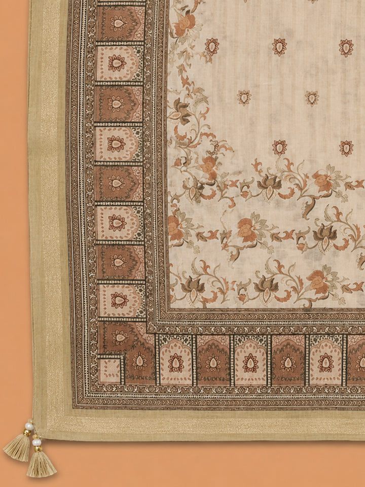 Brown Printed Chanderi Unstitched Dress Material