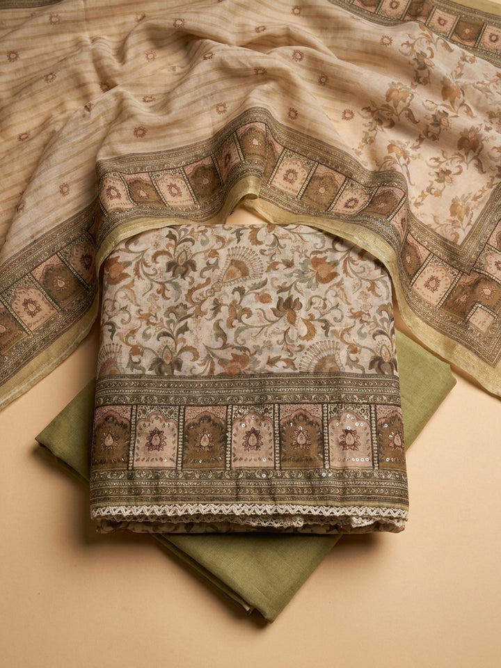 Brown Printed Chanderi Unstitched Dress Material