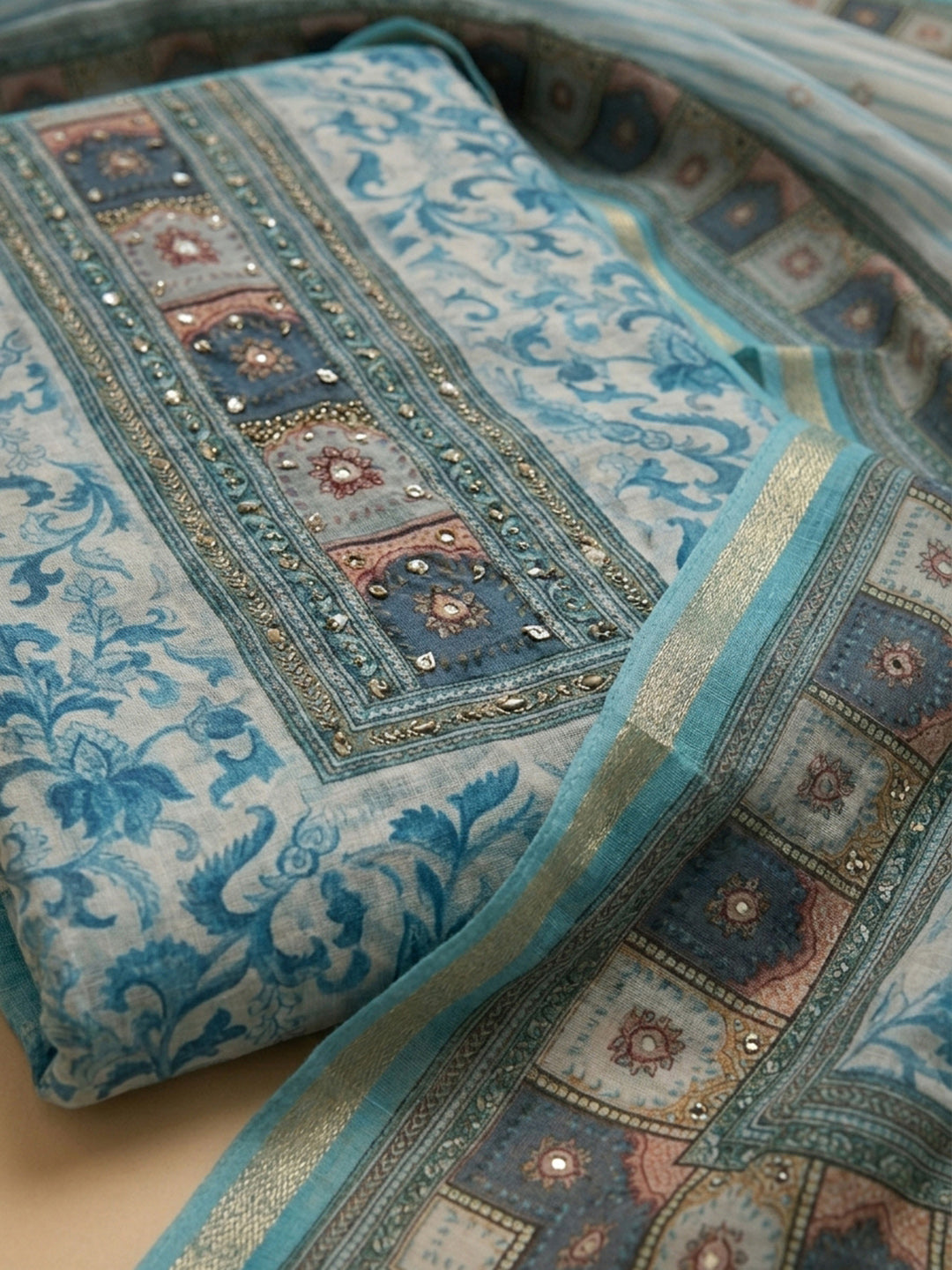 Firozee Printed Chanderi Unstitched Dress Material