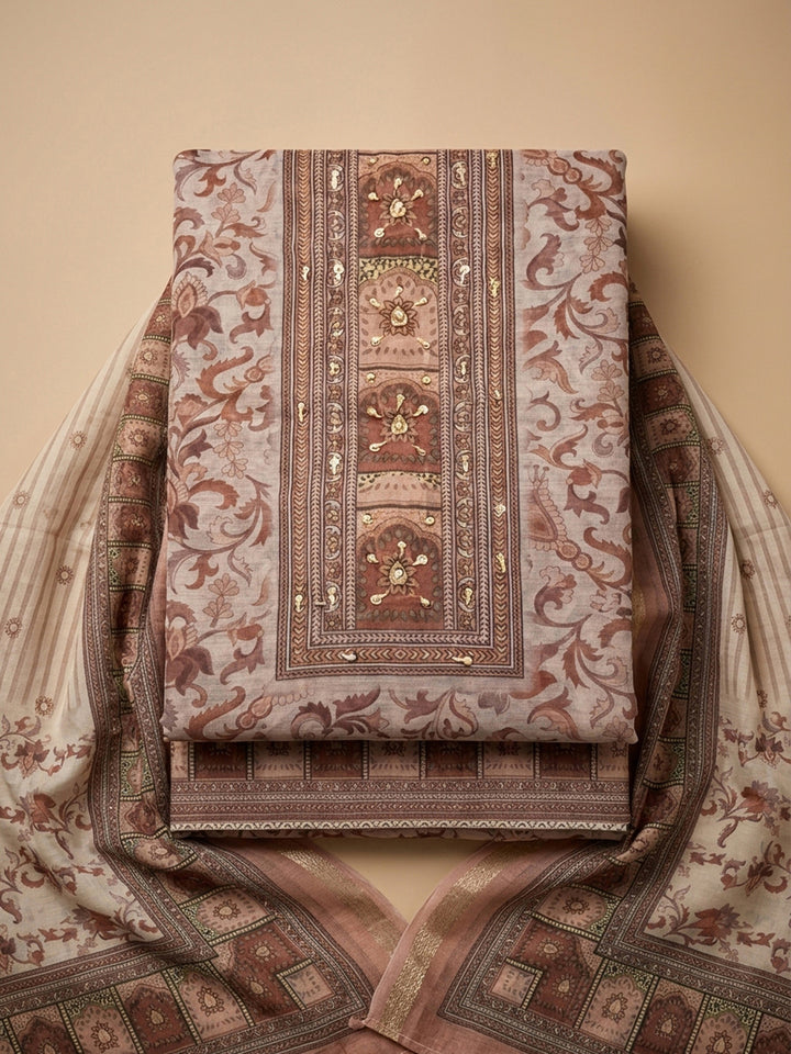 Peach Printed Chanderi Unstitched Dress Material